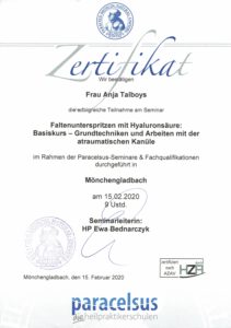 Faltenunterspritzung mit Hyaluronsäure Zertifikat
